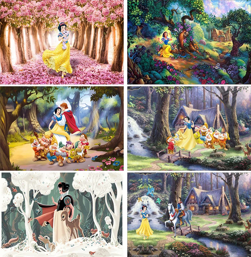 Cartoon Disney Cute Seven Dwarfs and Bird Photo Backdrop Snow White Princess Happy Birthday Party Decoration Backgrounds Banner