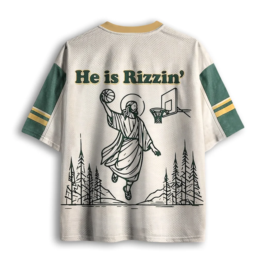 Funny Basketball Figure Graphic Mesh Jersey, He is Rizzin' Letter Print V Neck Short Sleeve Casual Sports Tee Party Top
