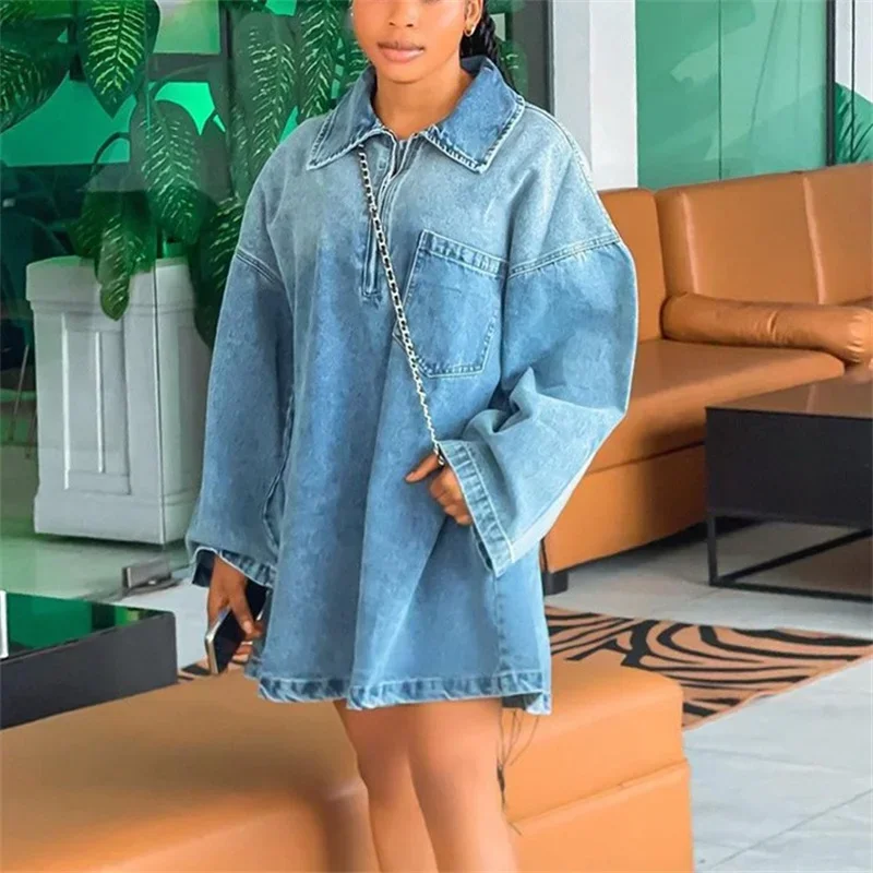 Women Zipper Splice Large Lapel Neck Dress Fashion Casual Commuter Loose Denim Gown Spring Autumn Long Sleeve Female Dresses New