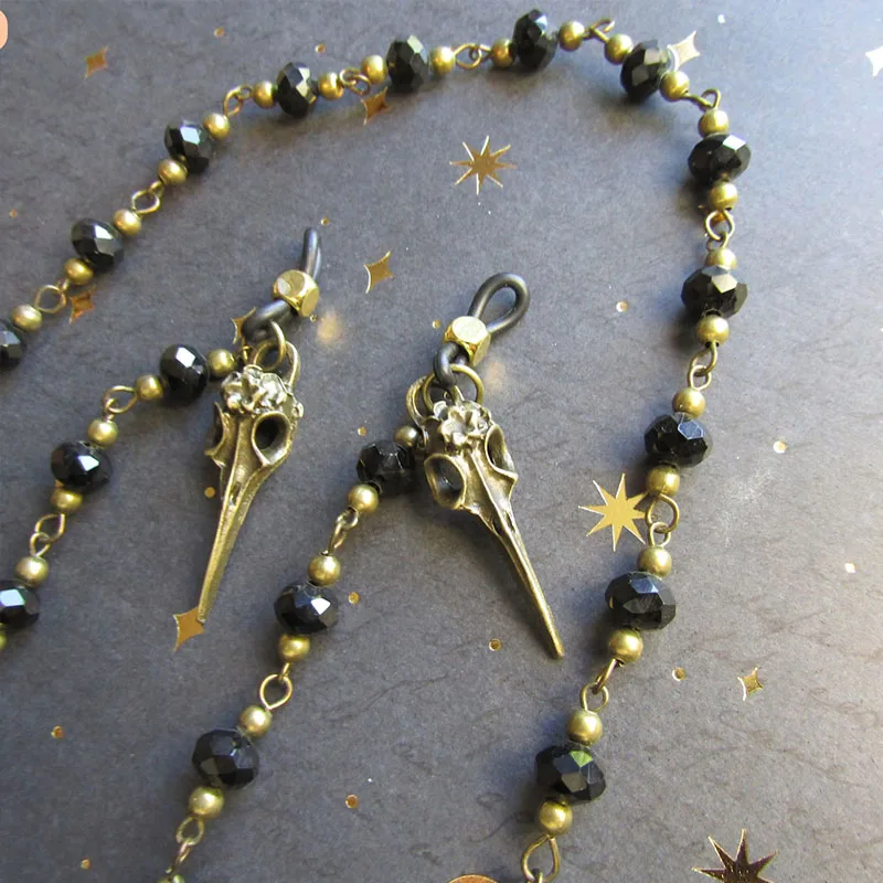 Gothic Ornate Raven Statement Glasses Chain for Sunglasses EyeGlass Holder Clips Clip on Chains Beaded Style Goth Witch Witchy