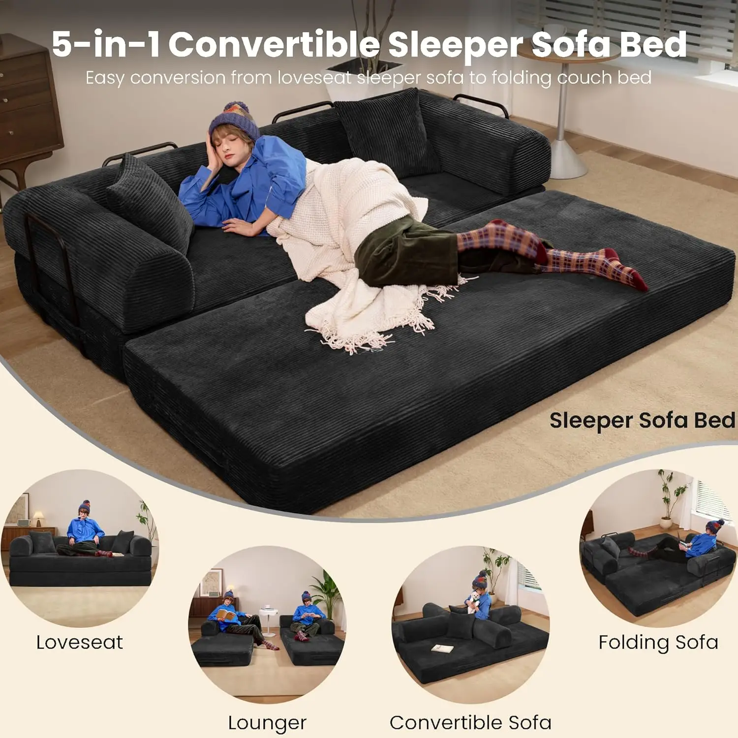 79" Convertible Sofa Bed, Boneless Corduroy Sleeper Foldable Modular Couch, Memory Foam Compressed Sofa in A Box, Folding Mattre