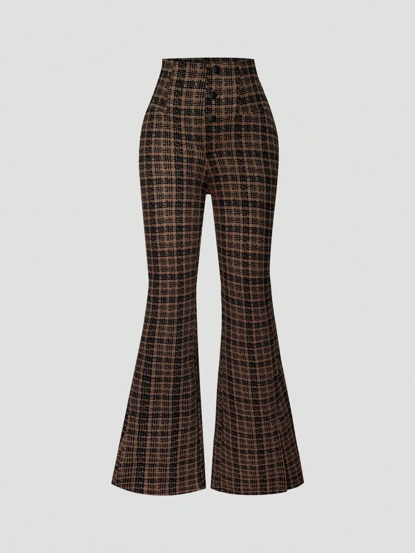 

High Waist Flare Pants with Button Detail, Brown Black Plaid Pattern