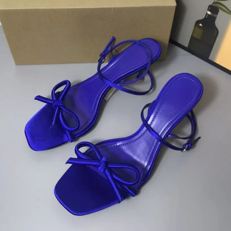 

Butterfly Knot Prom Evening Party Women High Heels Summer Sandals Blue Satin Sexy Ankle Strap Luxury Wedding Shoes for Ladies