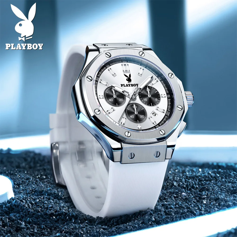PLAYBOY 3145 Classic Sportsman Original Quartz Movement Watch Chronograph Dial Date Window 30m Waterproof Silicone Strap Watch