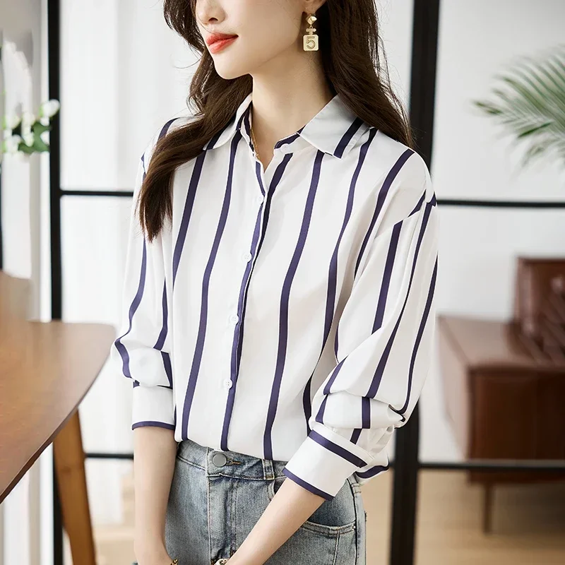 Fashion Long Sleeve Women Shirt Striped Turn Down Collar Chiffon Shirt Blouse Shirts Women Tops Camisas Blusa Blusas Shirts M352