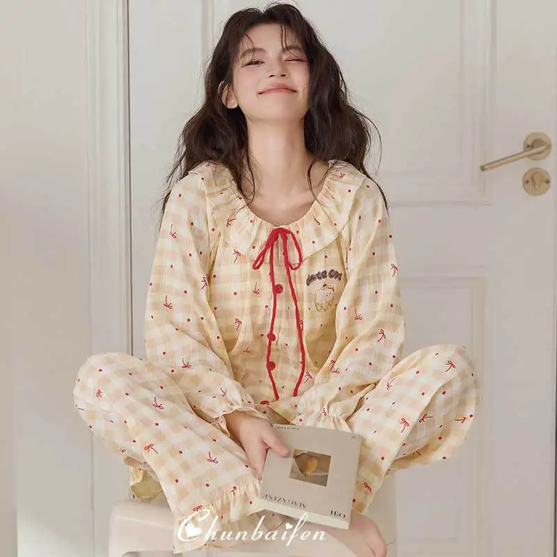 

Girls Cotton Sleepwear 2026 Spring Autumn Cute Checkered Long Sleeved Pants Home Clothes Princess Girl Pajamas Set