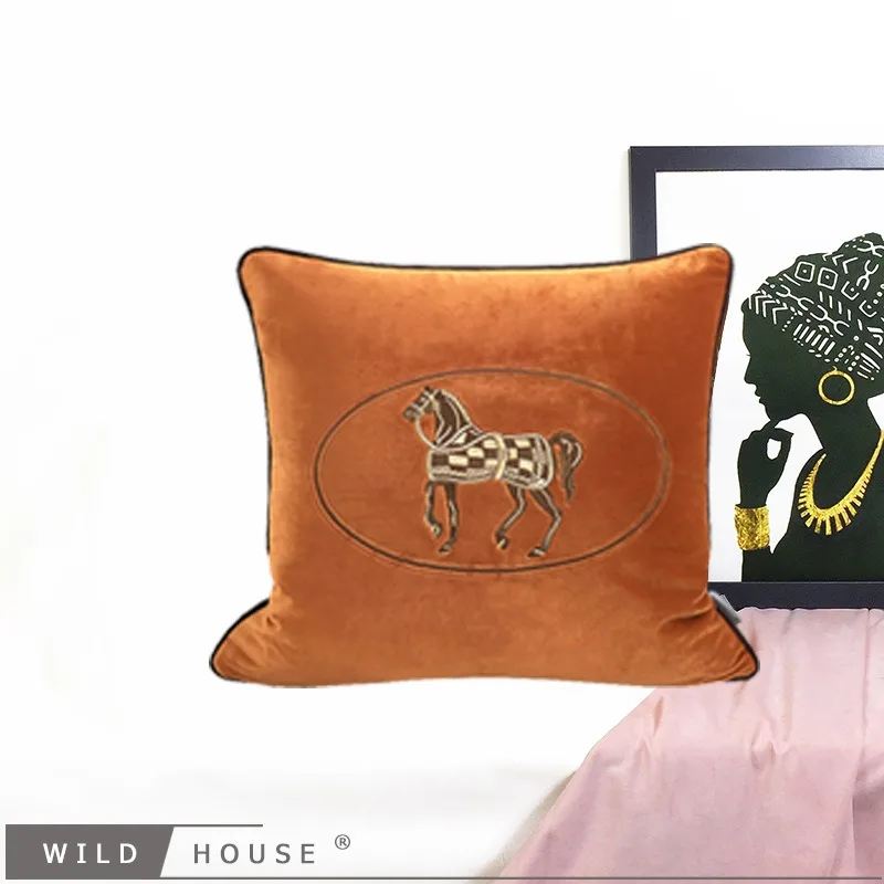 

Light Luxury Embroidered Horse Sofa Pillow Headrest Cushion Hotel Decor Backrest Cushioning Soft Furnishing
