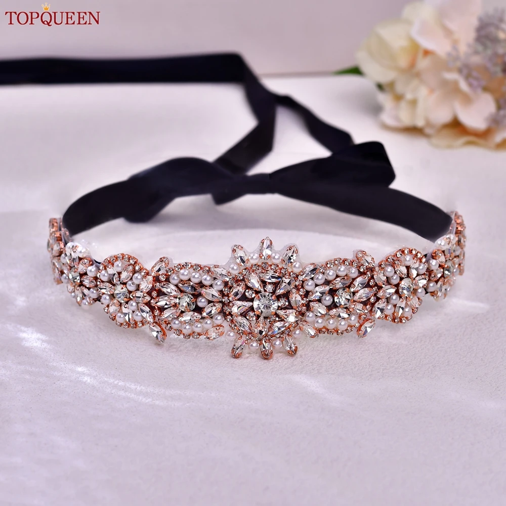 Topqueen-Bridal Rhinestone Belt, acessórios do casamento, Rose Gold Diamonds Applique, Evening Gowns Sash, Bridesmaid Belt, S445-RG