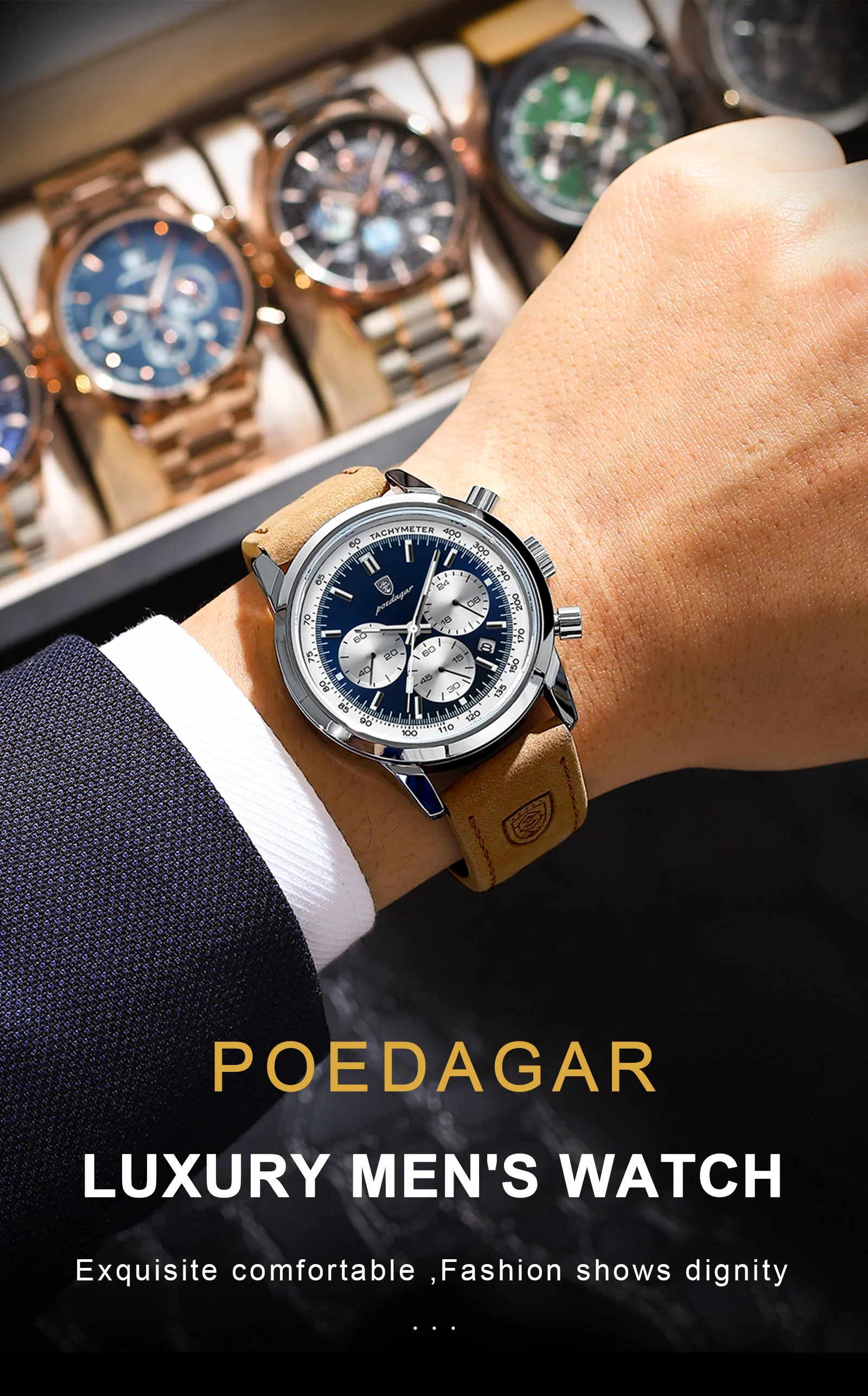 POEDAGAR Modische Herrenuhr Wasserdicht Leuchtend Leder Casual Herren-Armbanduhr Chronograph Hochwertige Herren-Quarzuhren Reloj – Detail 2