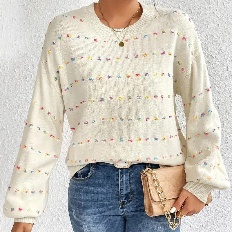 Autumn and Winter New Fashion Multicolor Dot Jacquard Round Neck Pullover Sweater, Long- Sleeve Loose Knit Sweater for Women