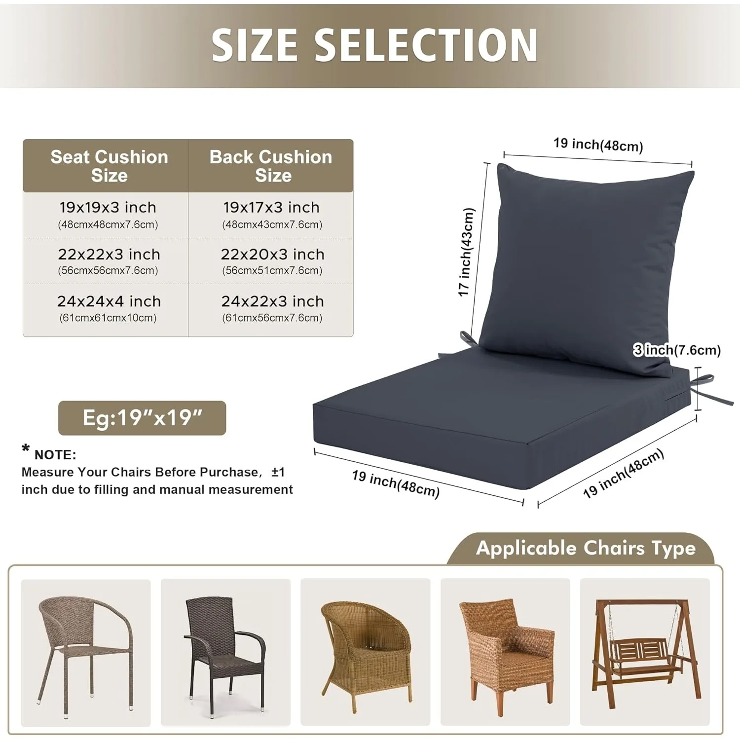 Coussin d'extérieur 24x24 pouces, adapté aux meubles de terrasse, coussin de canapé/canapé gris foncé remplaçable