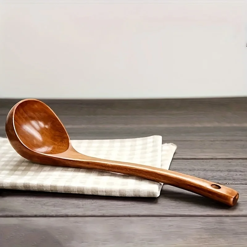 Solid Wood Soup Spoon Long Handle Cooking Ladle Non-scratch Kitchen Utensil Heat Resistant Wooden Serving Spoon for Hot Pot