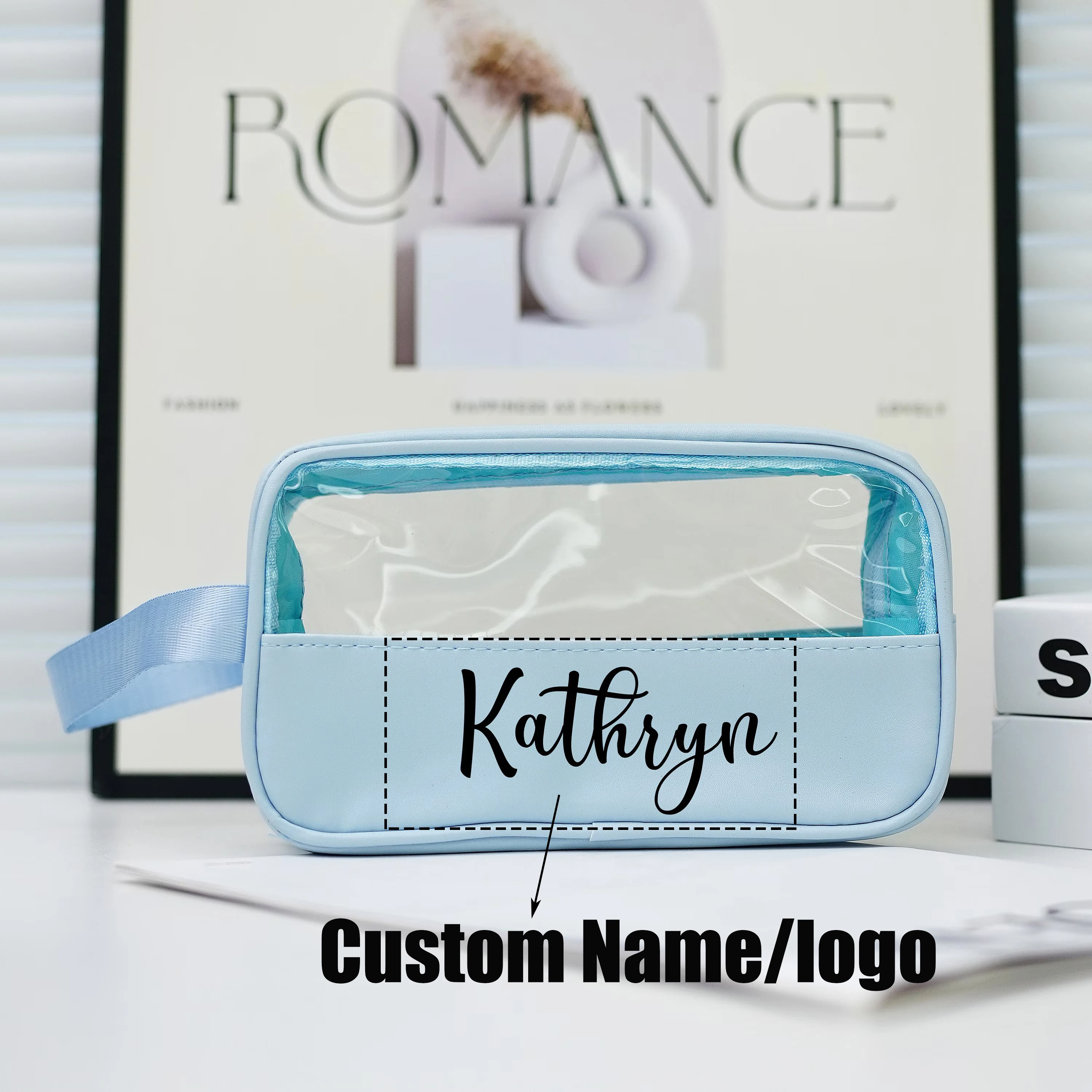 

Personalized Makeup Bag Custom Logo Text Waterproof Transparent Window Cosmetic Bag Gift for Teenage Girls Women Bridesmaid Gift