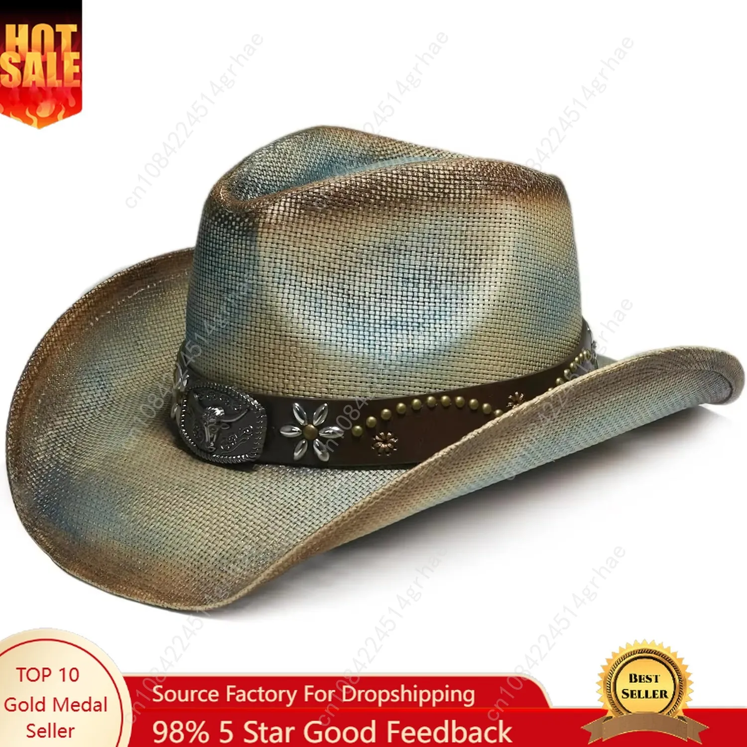 

Western Straw Cowboy and Cowgirl Hats with Decorative Bands - Unisex Wide Brim Raffia Style Sun Hat