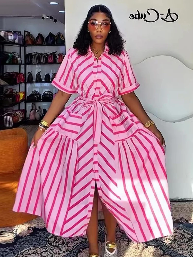 African Print Inspired Dress Ladies Summer Casual Loose-fit Elegant Striped Shirt Dress Women Tie Waist Long Dress with Sleeves