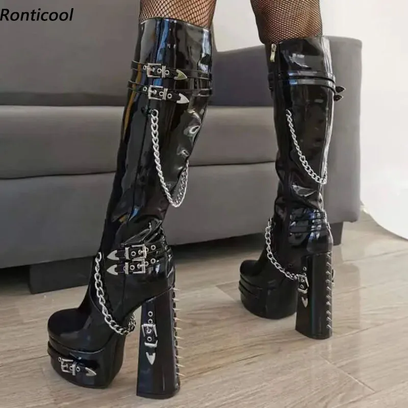 Ronticool Real Photos Women Winter Knee Boots Buckle Strap Block High Heels Round Toe Pretty Black Punk Shoes Plus US Size 5-20