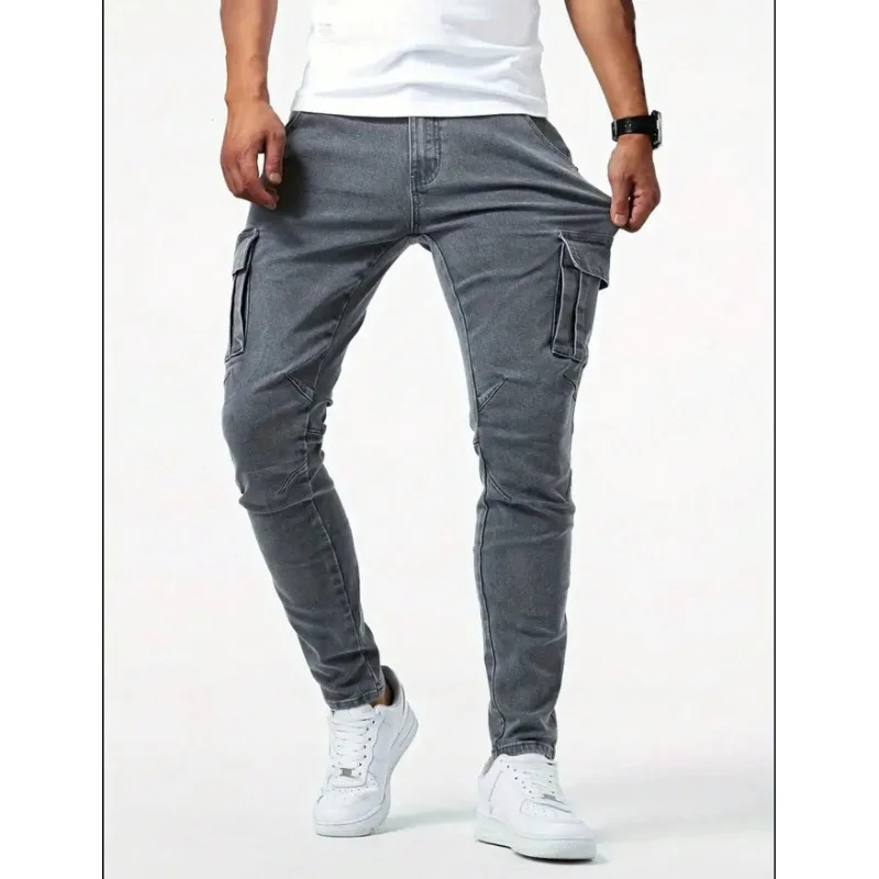 OIQERE European American Mens Jeans High Street Slim Fit Figure Flattering Tight Pocket Skinny Long Denim Trousers