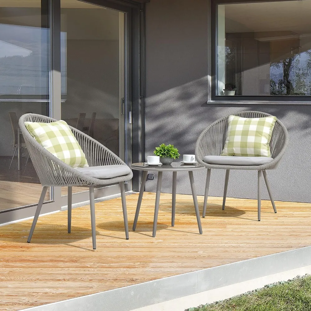 

3-piece outdoor small bar set, woven rope conversation terrace set, all-weather terrace furniture chairs and tables