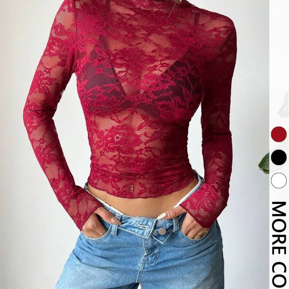 Women Sheer Floral Lace Mock Neck Long Sleeve Top Slim Fit Bodycon Crop Sexy Y2K Blusa Blouse Shirt Autumn Party Club Elegant