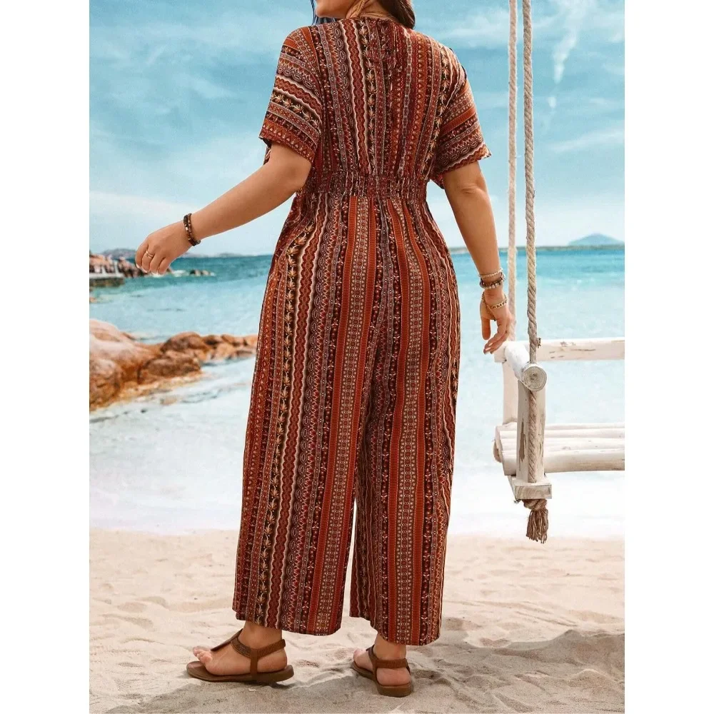 بالإضافة إلى حجم 1XL-5XL أزياء المرأة قصيرة الأكمام بذلة طباعة عارضة جديدة
