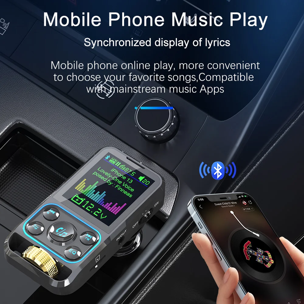 FM Transmitter Car Bluetooth 5.3 Handsfree AUX Audio Receiver QC3.0 PD 30W Fast Charging MP3 Player Modulator Wireless Display