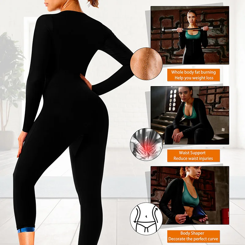 Women 3-in-1 Long Sleeved Shorts Body Shaper Sauna Sweat Suit for Adult Fat Workout Weight Loss Slimming Waist Trainer Jumpsuits