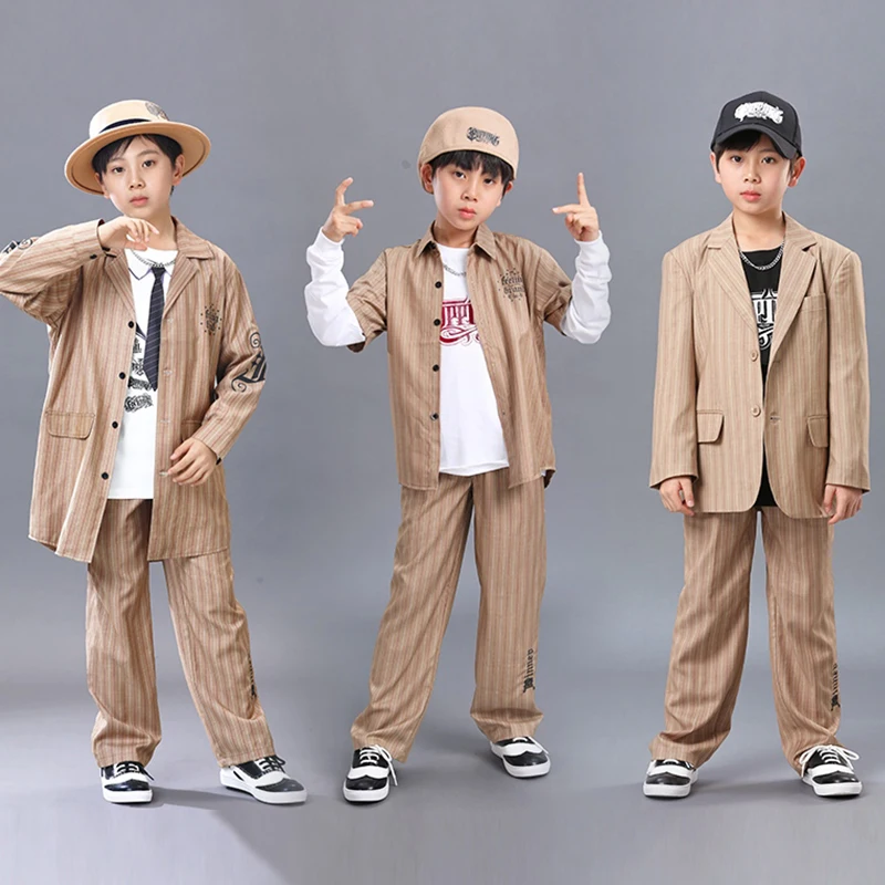 

Children Street Dance Clothing Boys Popping Dancer Stage Outfit Hip Hop Jacket Top Striped Trousers Kid Jazz Dance Wear VDL2842