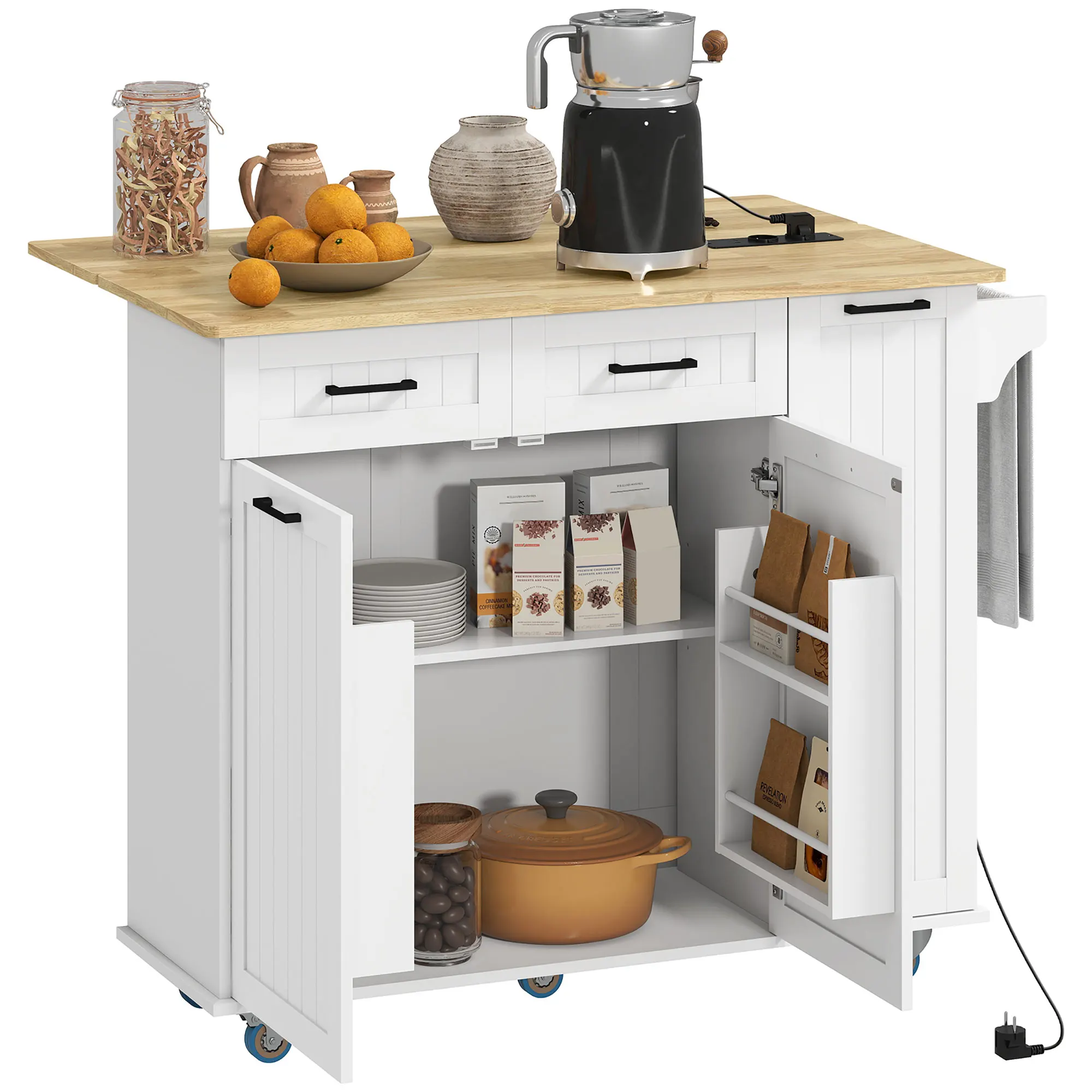 HOMCOM Isla de Cocina con Ruedas Toma de Corriente USB Tablero Plegable 2 Cajones Especiero y Toallero 119,5x74x94,5 cm Blanco