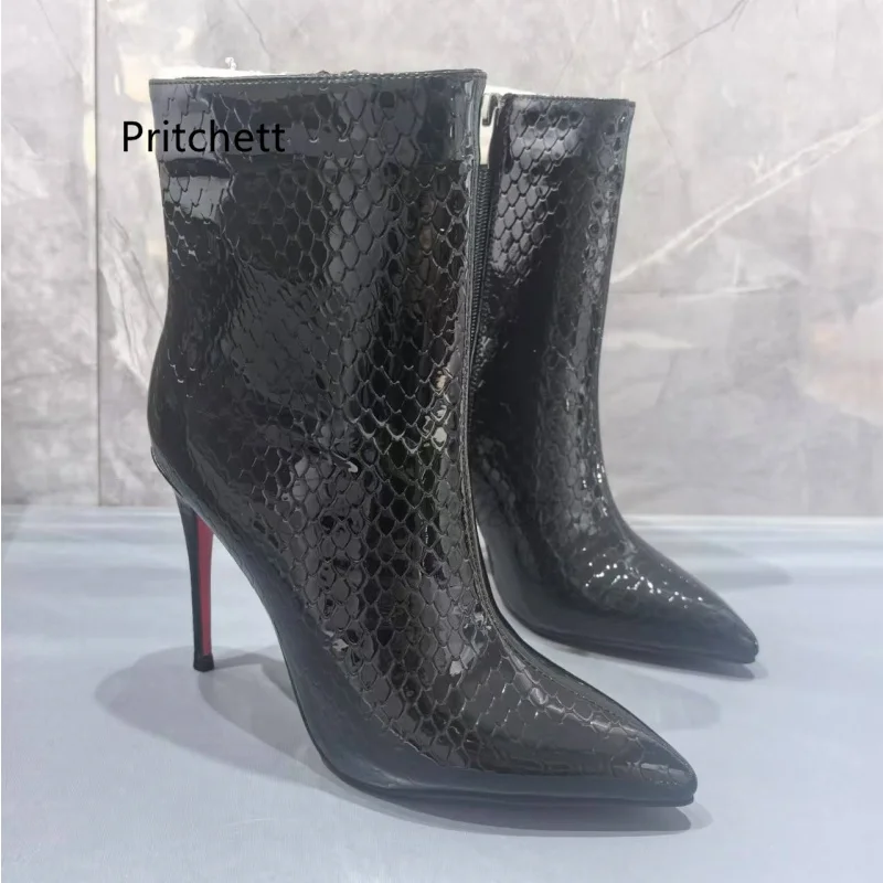 

Snake Pattern Pointed Stiletto Short Boots for Women Genuine Leather Side Zipper High Heels Ankle Boots Temperament Women's Shoe