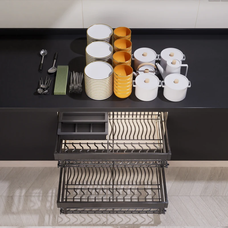 Nano Pull Basket Kitchen Cabinet Double Drawer Bowl Rack 304 Stainless Steel Kitchen Cabinet Pull Dish Basket Pot Basket