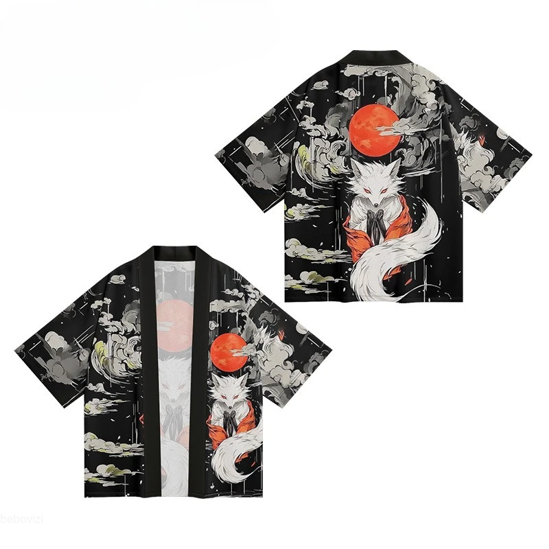 العديد من الأنماط اليابانية إيناري فوكس طباعة كيمونو 2025 الصيف النساء الرجال هاوري المتضخم سترة يوكاتا رداء Harajuku القمم #2