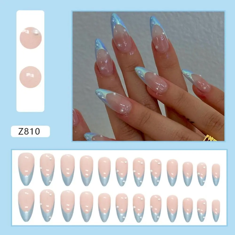 Manicure Long Almond False Nails Aurora French Press on Nails Crystal Detachable Fake Nials DIY