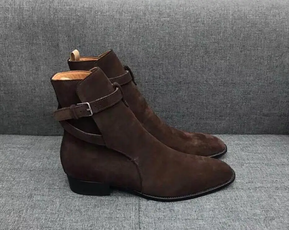 Black Brown Genuine Cow Suede Cross Belt Buckle Ankle Boots Man Square Heel Barber Boots Outdoor Shoes Male Vintage Boots view 6
