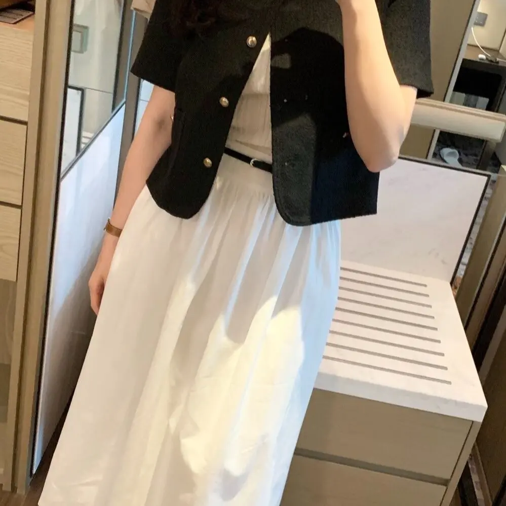 Korean Style Short Sleeve Jacket Women Summer No Collar Single Row Gold Button Pocket Short Elegant Slimming Top Cotton Pure ...