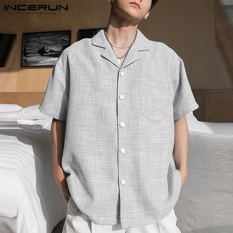 

INCERUN Summer Men Shirt Solid Color Lapel Short Sleeve Casual Men Clothing Streetwear Korean 2024 Fashion Leisure Shirts S-5XL