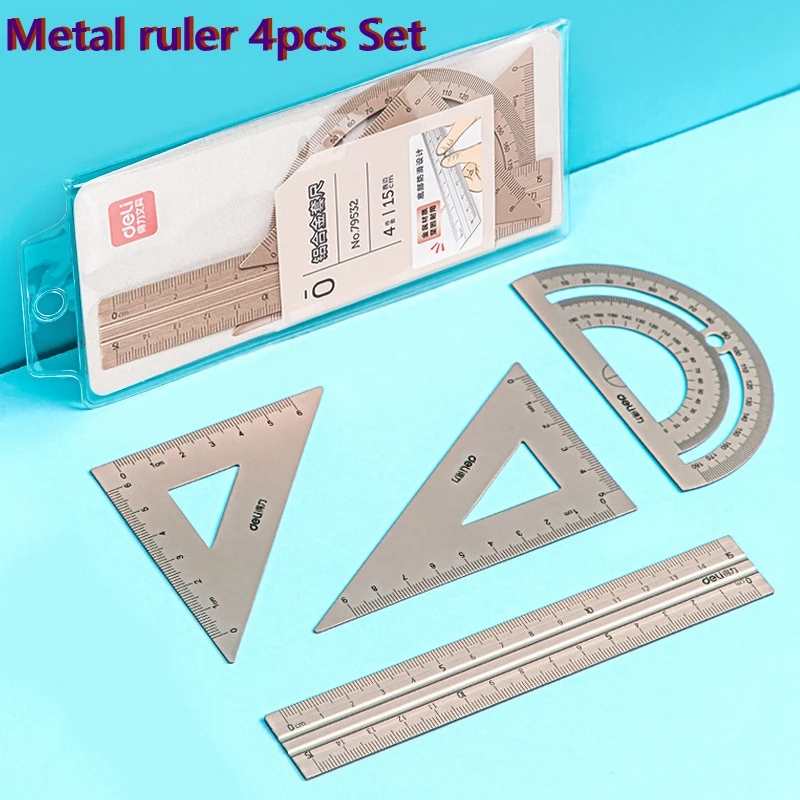 Haile 4pc/set Metal Measuring Ruler Multifunctional Combination Aluminum Alloy Ruler Triangle Protractor Drawing Deli Stationery