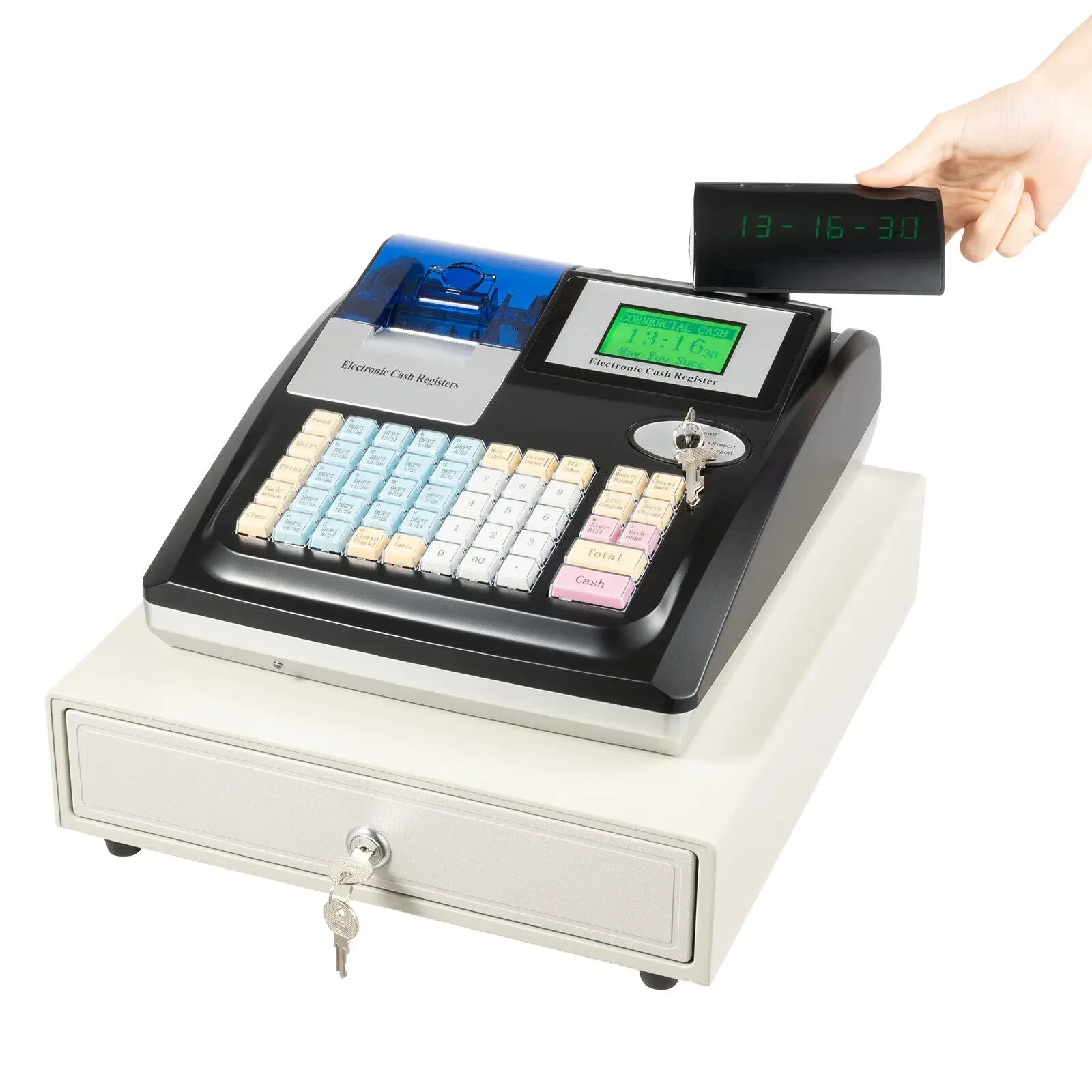 48 Keys Electronic Cash Register Commercial 8 Digital LED Black Cash Register with LED Display & LCM Screen Cash Register