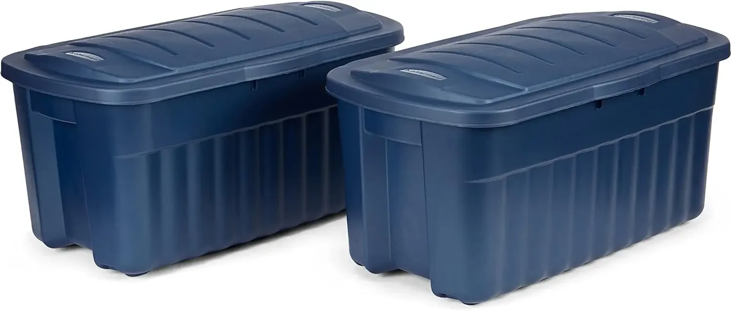 40 Gal, 2 Pack, Made in USA, Dark Indigo Metallic, Rugged Plastic Stackable Storage Bins with Lids and Handles