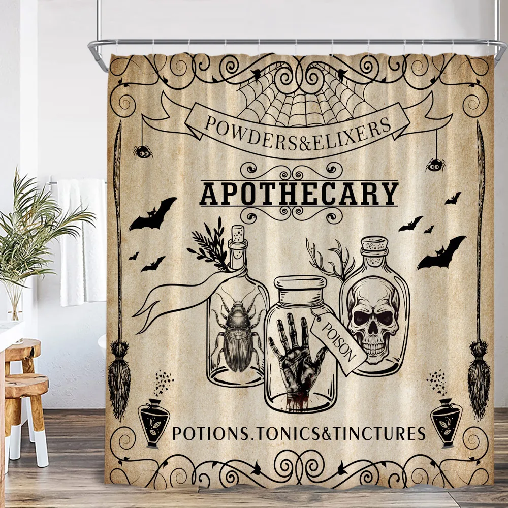 Halloween Shower Curtain Sugar Skull Flower Gothic Castle Scarecrow Black Cat Pumpkin Witch Witchcraft Vintage Bathtub Curtain