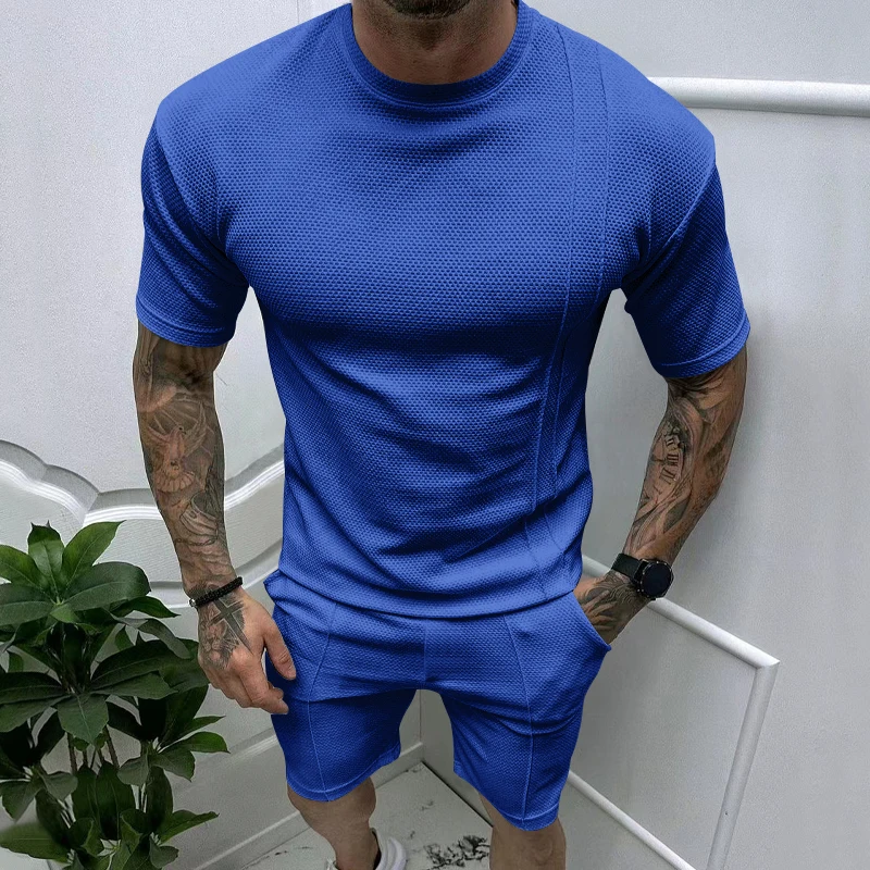 Summer New Men\'s Pullover Round Neck T-shirt Sports Casual Top Men\'s Short sleeved Shorts Set