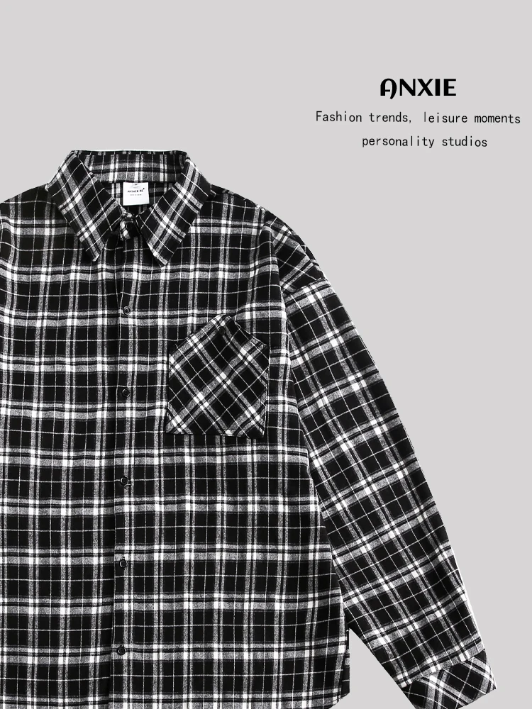 

ANXIE Trendy Brand Loose Plaid irt Women's Men's Long Sve Flip Collar Autumn Season High Street Sle