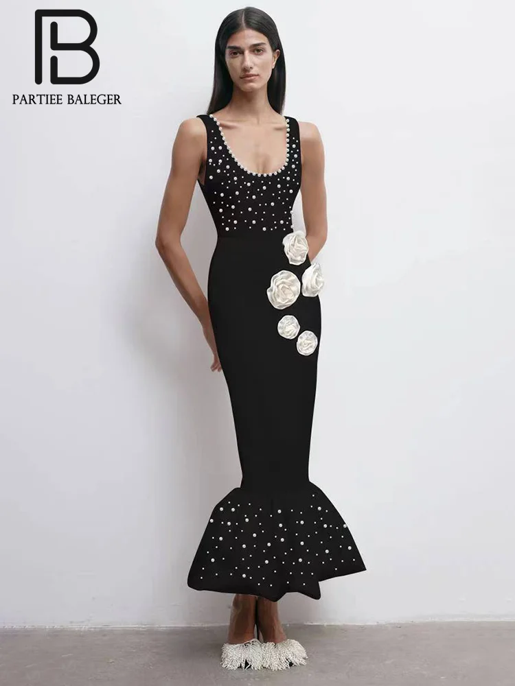 

PB Square Collar Black Stero Flowers Mermaid hemline Midi Dress Pearls Decoration Fish Tail Shape Bottom Sheath Evening Gowns