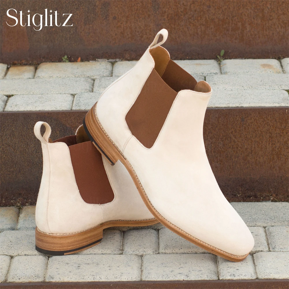 Camel Suede Chelsea Boots Almond Toe Elastic Ankle Boots Elegant Style Slip on Booties for Men British Style Suede Winter Boots