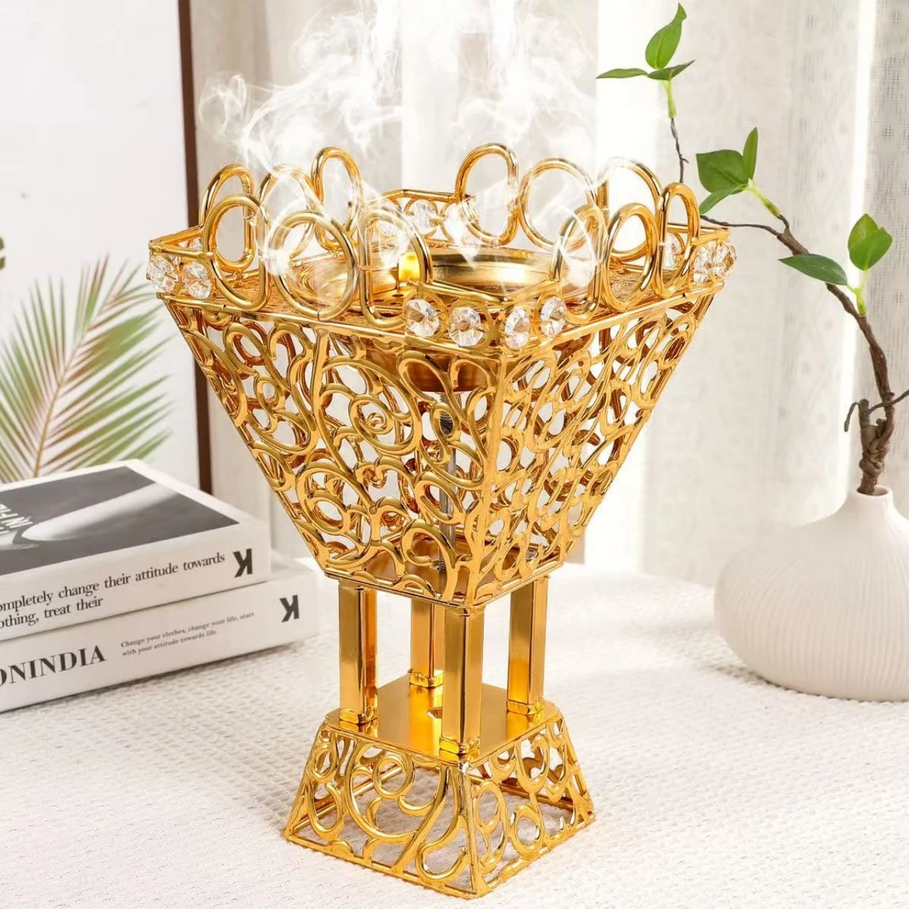 Middle Eastern Aromatherapy Incense Burner,Metal Hollow-Out Square Design Living Room Incense Burner Holder Home Decoration