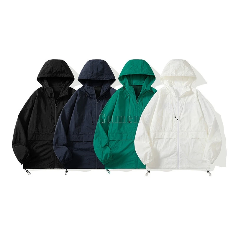 2026 Unisex Hooded Jacket Summer Harajuku Solid Color Lightweight Breathable Sports Coat Outdoor Fishing Hiking Skin Windbreaker