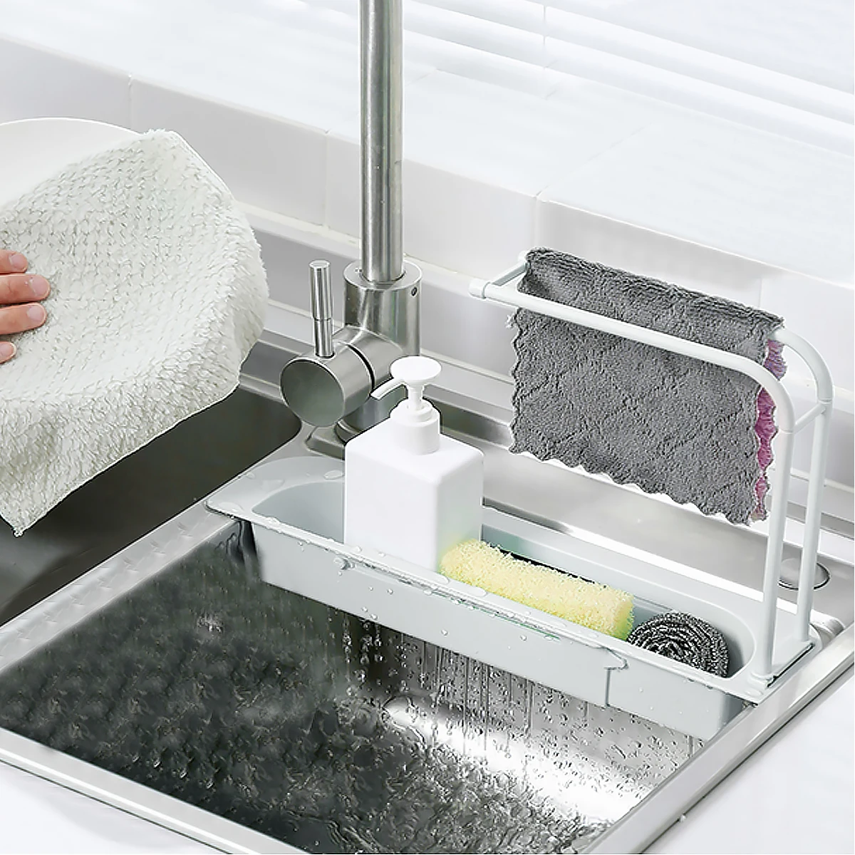 

1pc Premium Sink Rack Anti-Rust Expandable Telescopic Kitchen Storage Rack Sponge Soap Holder Modern Home Organizer