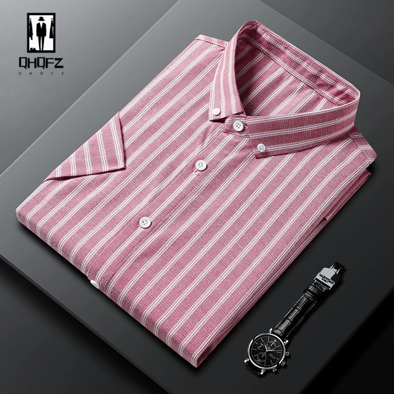 Camisa de algodón con solapa de manga corta para hombre, Top informal a rayas, cómodo, sin planchado, resistente a las arrugas, moda de verano, nuevo