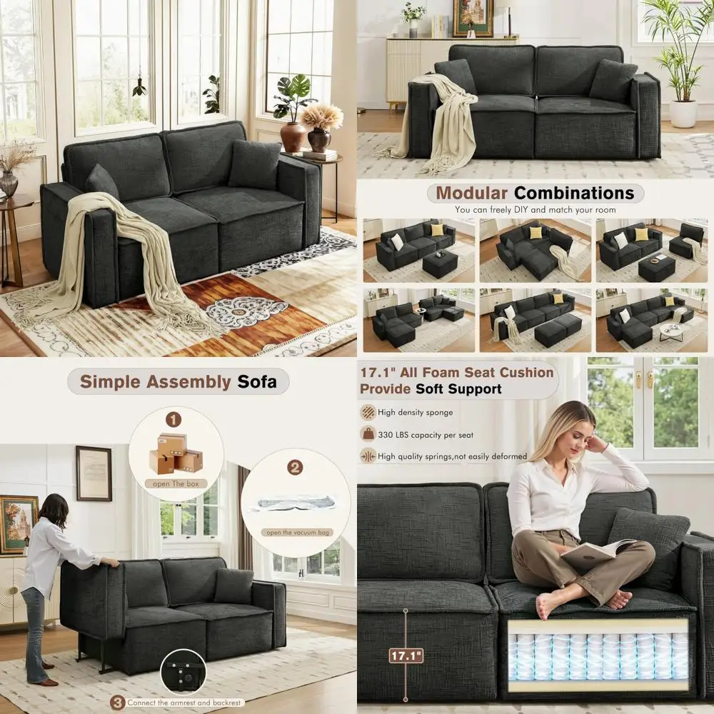 Oversized Loveseat Sofa, Modular Sectional Couch, 2-Seat Living Room and Bedroom Sofa, Breathable Chenille Fabric