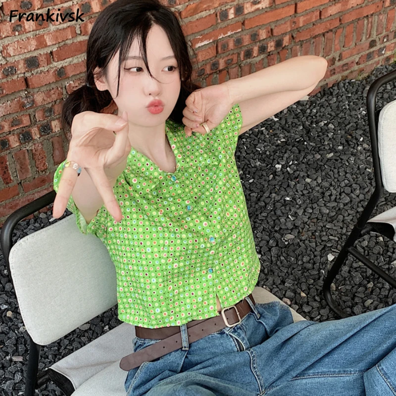 Floral Shirts Women Summer Korean Style Y2k Fashion Vintage Half Sleeve Streetwear Hotsweet Hipster Temperament Cropped Clothing