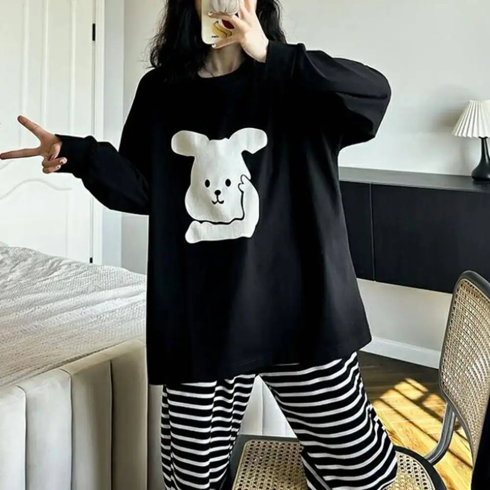 Plus Size 5XL 150KG Autumn Pajamas Set Women Cartoon Sleepwear O Neck Long Sleeve Women Nightwear Pajamas Set